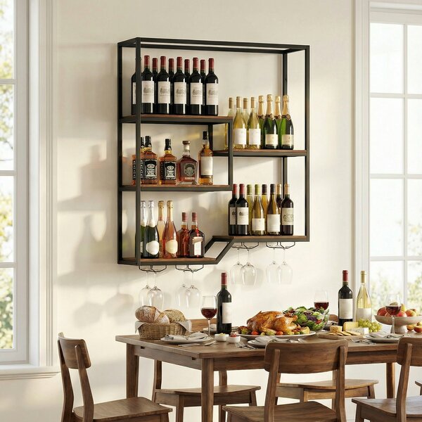 Costway Portabottiglie parete scaffale sospeso espositore bottiglie portabicchieri, Struttura metallo robusto scaffale industriale bar cucina sala pranzo
