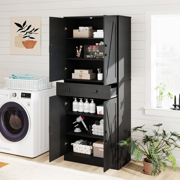 Costway Armadietto da cucina alto 183 cm con 2 kit anti-ribaltamento per soggiorno, Armadio moderno in stile agriturismo con 4 porte Nero