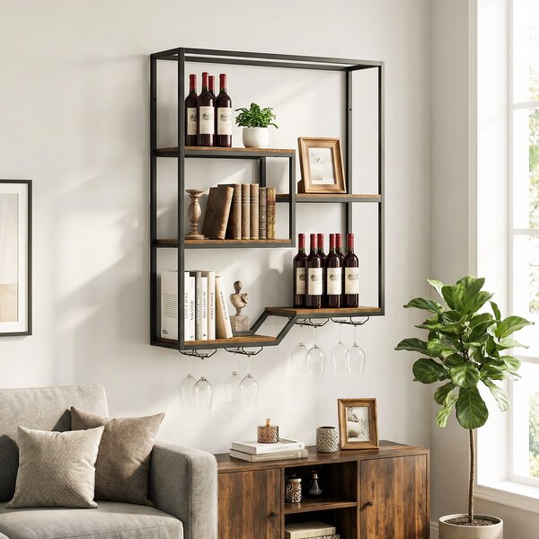Costway Portabottiglie parete scaffale sospeso espositore bottiglie portabicchieri, Struttura metallo robusto scaffale industriale bar cucina sala pranzo
