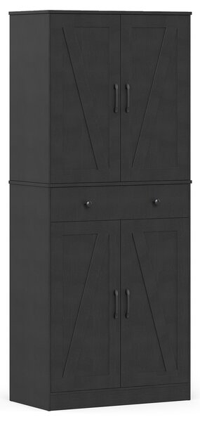 Costway Armadietto da cucina alto 183 cm con 2 kit anti-ribaltamento per soggiorno, Armadio moderno in stile agriturismo con 4 porte Nero