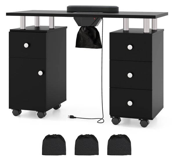 Costway Tavolo manicure aspirapolvere 3 sacchetti supporto polso cassetti, Scrivania mobile nail 8 ruote postazione lavoro legno nail art spa trucco Nero