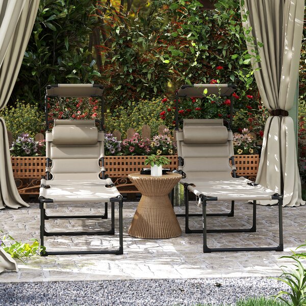 Outsunny Set da 2 lettini prendisole pieghevoli grande comfort schienale e parasole regolabili multiposizioni, kaki | Aosom Italy