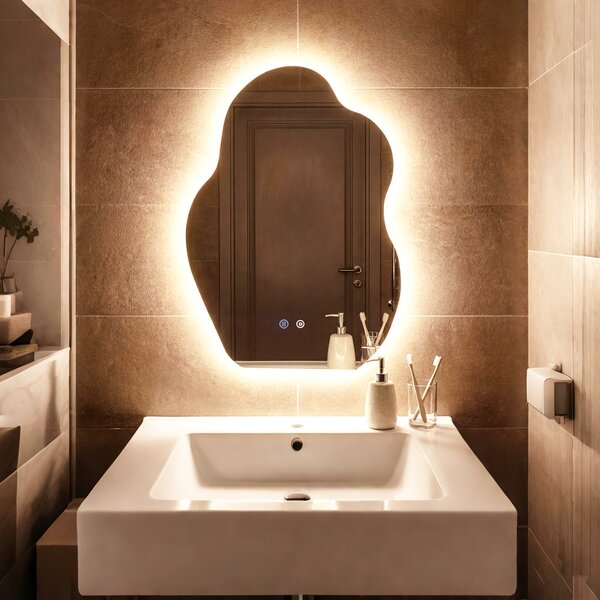 Costway Specchio bagno LED irregolare asimmetrico senza cornice, 3 colori luce dimmerazione continua memoria anti-appannamento vetro temperato infrangibile