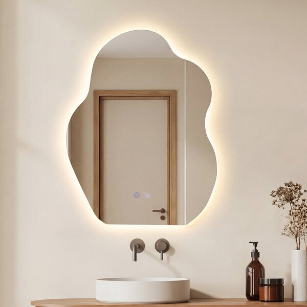 Costway Specchio bagno LED irregolare asimmetrico senza cornice, 3 colori luce dimmerazione continua memoria anti-appannamento vetro temperato infrangibile