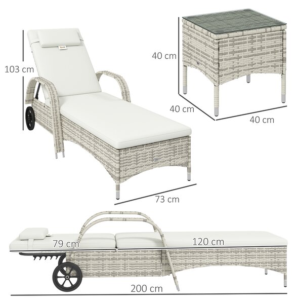 Outsunny Set di 2 lettini prendisole: materasso, poggiatesta, inclinazione regolabile, ruote + tavolino in vetro temperato crema | Aosom Italy