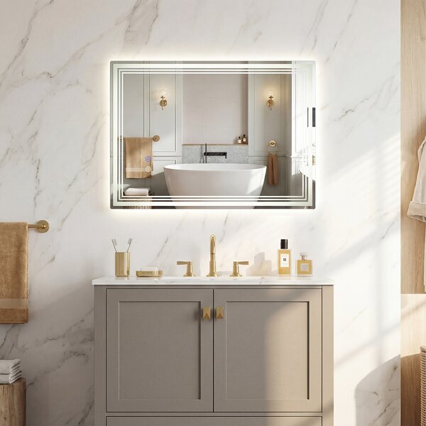 Costway Specchio bagno led regolabile rettangolare parete, Antiappannamento memoria controllo touch vetro temperato infrangibile 70x50cm