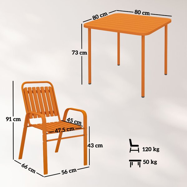 Outsunny Tavolo da giardino esterno con 4 sedie impilabili, piano a doghe 80 cm, struttura in acciaio anti-ruggine, arancione | Aosom Italy