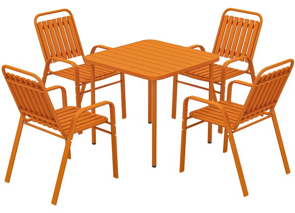 Outsunny Tavolo da giardino esterno con 4 sedie impilabili, piano a doghe 80 cm, struttura in acciaio anti-ruggine, arancione | Aosom Italy