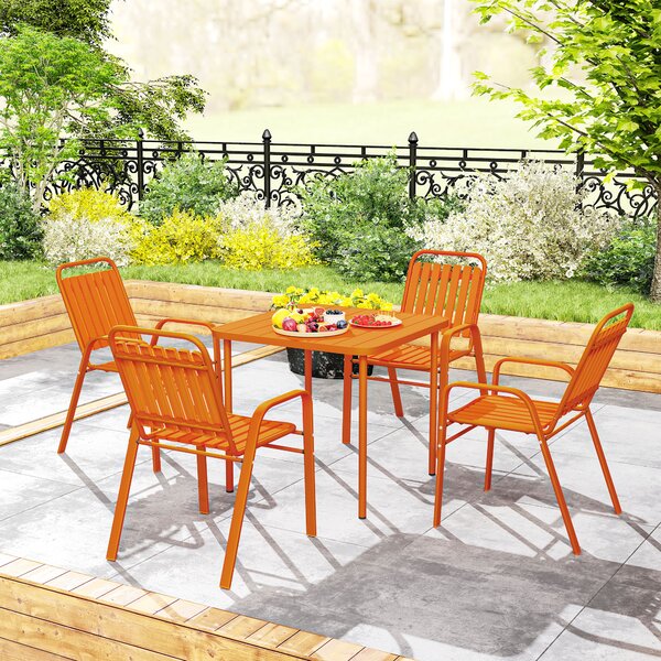 Outsunny Tavolo da giardino esterno con 4 sedie impilabili, piano a doghe 80 cm, struttura in acciaio anti-ruggine, arancione | Aosom Italy