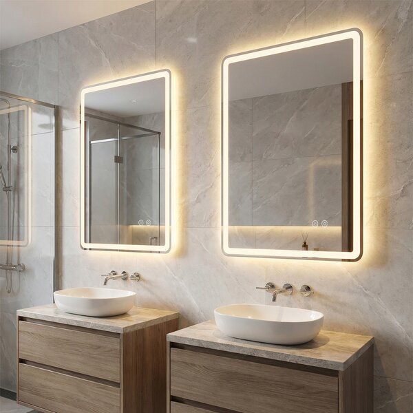 Costway Specchio da bagno led retroilluminato da parete per lavabo, Vetro temperato antiesplosione anti-appannamento dimmerabile 70 x 50cm
