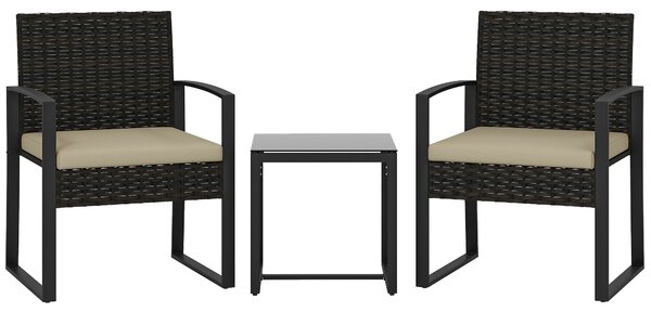 Outsunny Set da giardino in resina intrecciata per 2 persone, tavolo da giardino con 2 sedie, piano in vetro temperato, marrone | Aosom Italy