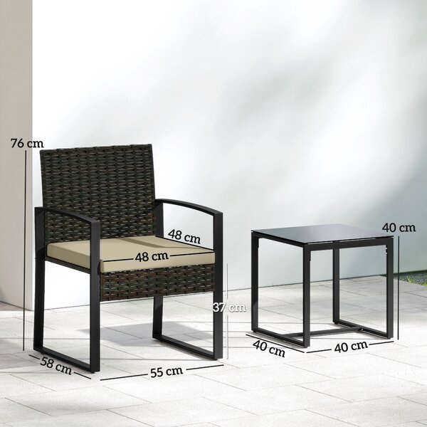 Outsunny Set da giardino in resina intrecciata per 2 persone, tavolo da giardino con 2 sedie, piano in vetro temperato, marrone | Aosom Italy