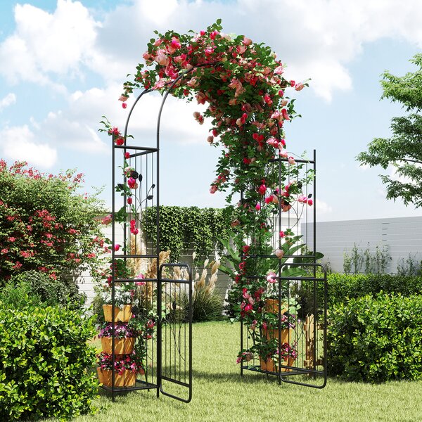 Costway Arco da giardino in metallo con cancello e ripiani per piante, Graticci per rampicanti esterno decorativo matrimoni cerimonie 220cm