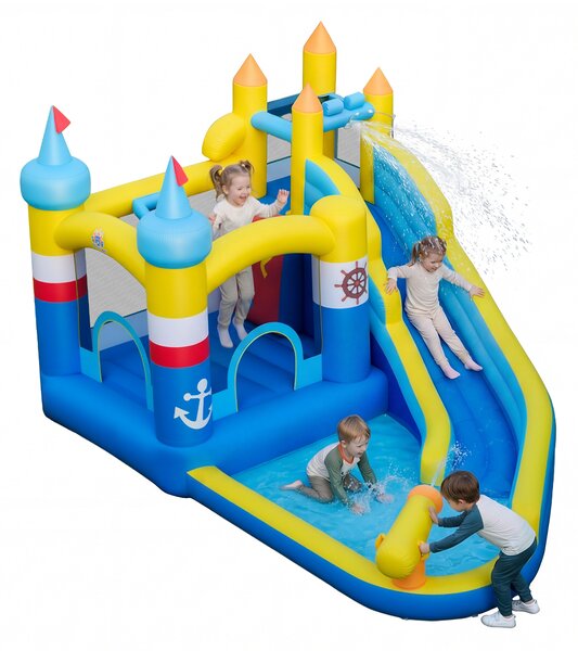 Costway Scivolo d'acqua gonfiabile con piscina splash cannone d'acqua, Parete arrampicata palline oceaniche basket castello esterno