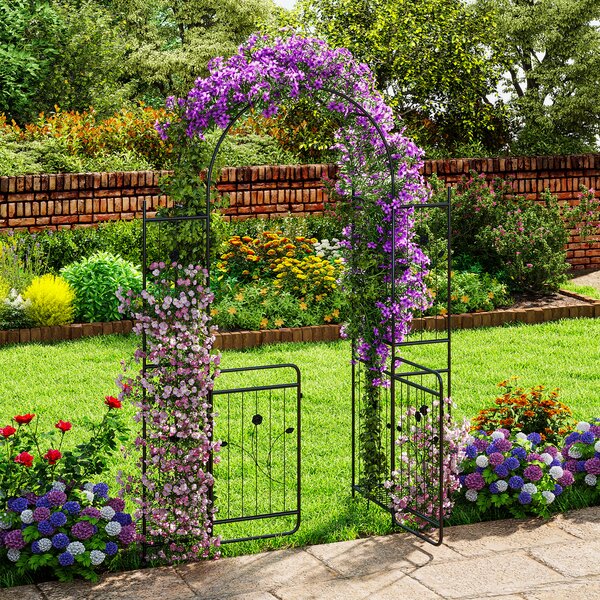 Costway Arco da giardino in metallo con cancello e ripiani per piante, Graticci per rampicanti esterno decorativo matrimoni cerimonie 220cm