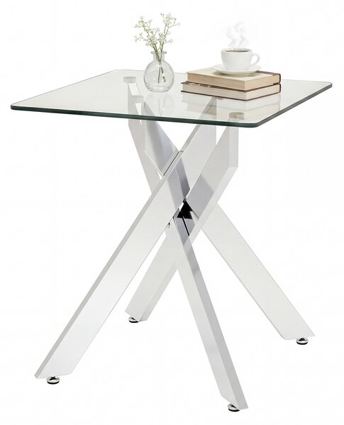 Costway Tavolino laterale in vetro piano temperato base a x in metallo, Tavolo quadrato moderno comodino soggiorno camera da letto spazi ristretti Argento