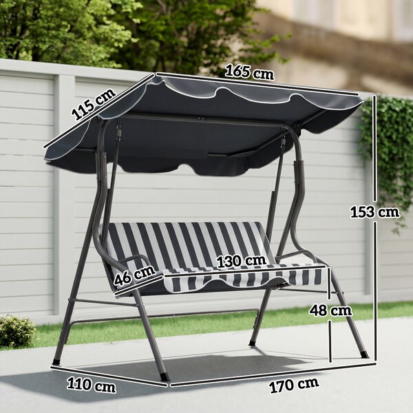 Outsunny Dondolo Hollywood 3 persone tetto idrorepellente inclinazione regolabile cuscini seduta e schienale grigio, a righe bianche | Aosom Italy