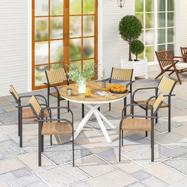Outsunny Tavolo da giardino Ø118 cm, tavolo da balcone resistente alle intemperie in alluminio, tavolino con gambe a croce design a doghe Teak | Aosom Italy