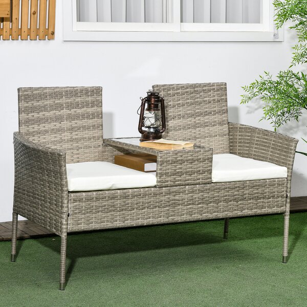 Outsunny Panca da giardino in resina intrecciata 2 posti con tavolo e cuscini - 135 x 64 x 81 cm - per balcone e terrazza nero | Aosom Italy