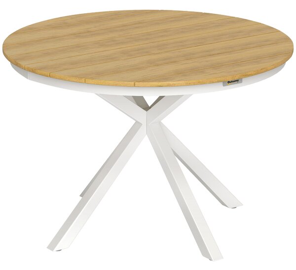 Outsunny Tavolo da giardino Ø118 cm, tavolo da balcone resistente alle intemperie in alluminio, tavolino con gambe a croce design a doghe Teak | Aosom Italy