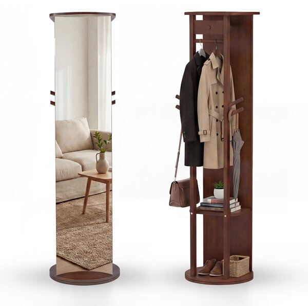 Costway Appendiabiti girevole a 360° con specchio intero terra ripiani e ganci, Mobile ingresso soggiorno camera guardaroba con design pratico 34 x 163 cm