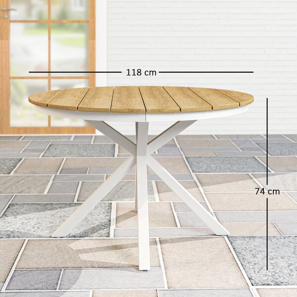 Outsunny Tavolo da giardino Ø118 cm, tavolo da balcone resistente alle intemperie in alluminio, tavolino con gambe a croce design a doghe Teak | Aosom Italy