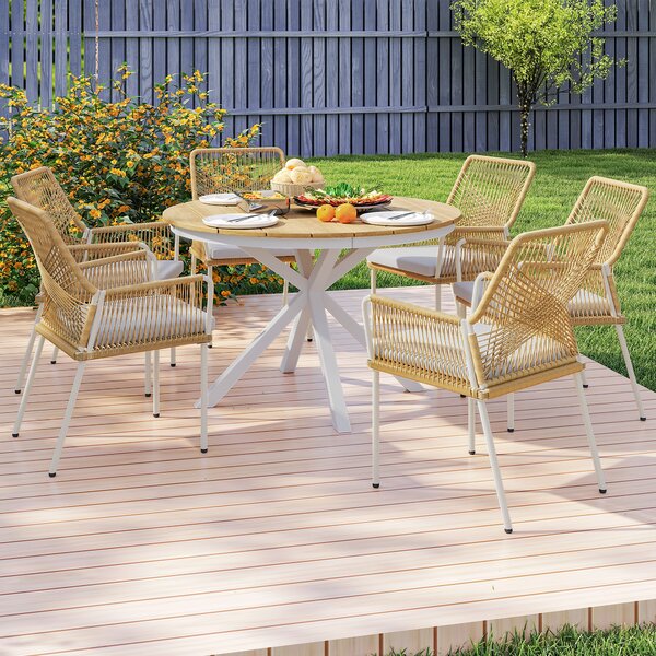Outsunny Tavolo da giardino Ø118 cm, tavolo da balcone resistente alle intemperie in alluminio, tavolino con gambe a croce design a doghe Teak | Aosom Italy