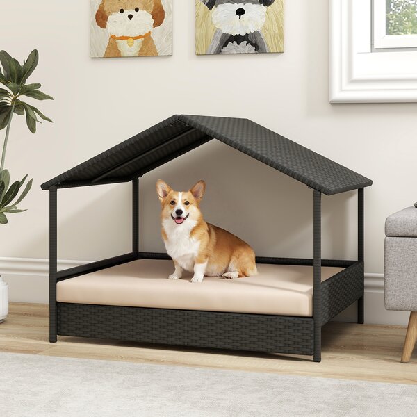 Costway Casetta per cani da esterno e interno in rattan con struttura metallo zincato, Tetto impermeabile cuscino rimovibile per cani piccola media taglia fino a 60kg Beige