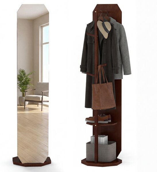 Costway Appendiabiti girevole a 360° con specchio intero terra ripiani e ganci, Mobile ingresso soggiorno camera guardaroba con design pratico 32 x 163 cm