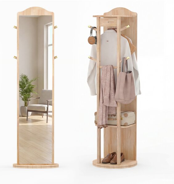 Costway Appendiabiti girevole a 360° con specchio intero terra ripiani e ganci, Mobile ingresso soggiorno camera guardaroba con design pratico 36 x 154 cm