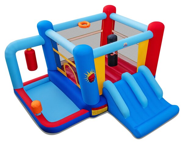 Costway Castello gonfiabile per bambini con accessori gioco, Doppio scivolo piscina palline canestro basket sacchi pugilato 550W 3-12 anni