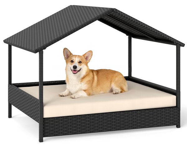 Costway Casetta per cani da esterno e interno in rattan con struttura metallo zincato, Tetto impermeabile cuscino rimovibile per cani piccola media taglia fino a 60kg Beige