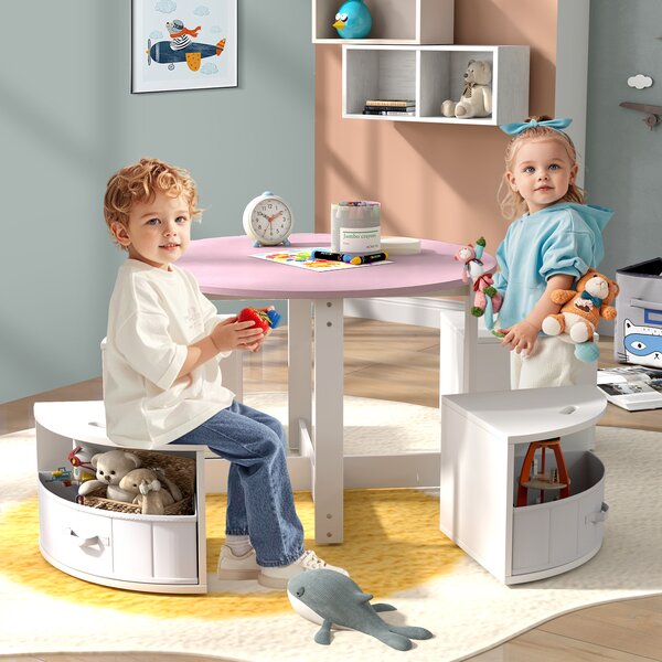 Costway Set tavolo e sedie per bambini a 5 pezzi, Tavolo rotondo con 4 sgabelli e ripiano e 4 cassetti in tessuto Rosa e bianco