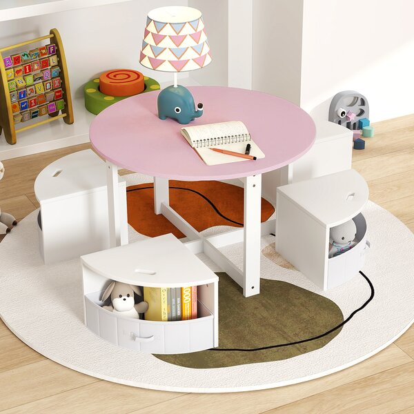 Costway Set tavolo e sedie per bambini a 5 pezzi, Tavolo rotondo con 4 sgabelli e ripiano e 4 cassetti in tessuto Rosa e bianco