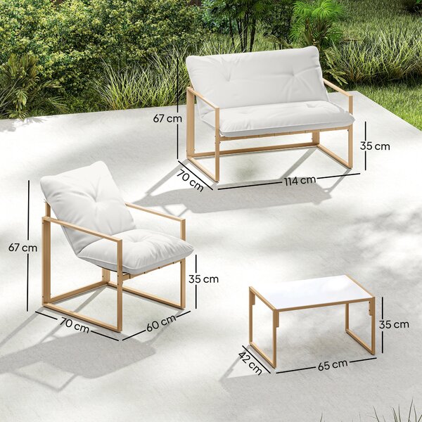 Outsunny Set da giardino 4 pezzi, lounge esterna con tavolo in vetro temperato, divano, 2 poltrone, Bianco | Aosom Italy