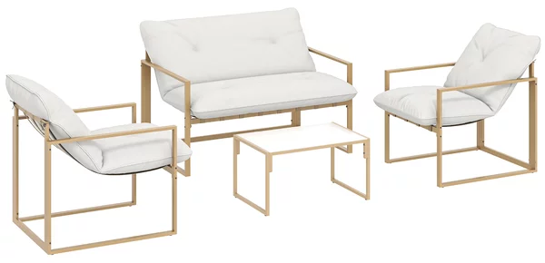 Outsunny Set da giardino 4 pezzi, lounge esterna con tavolo in vetro temperato, divano, 2 poltrone, Bianco | Aosom Italy