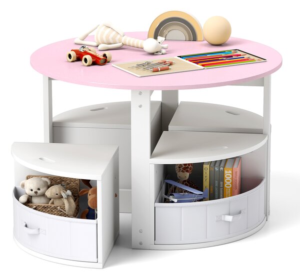 Costway Set tavolo e sedie per bambini a 5 pezzi, Tavolo rotondo con 4 sgabelli e ripiano e 4 cassetti in tessuto Rosa e bianco