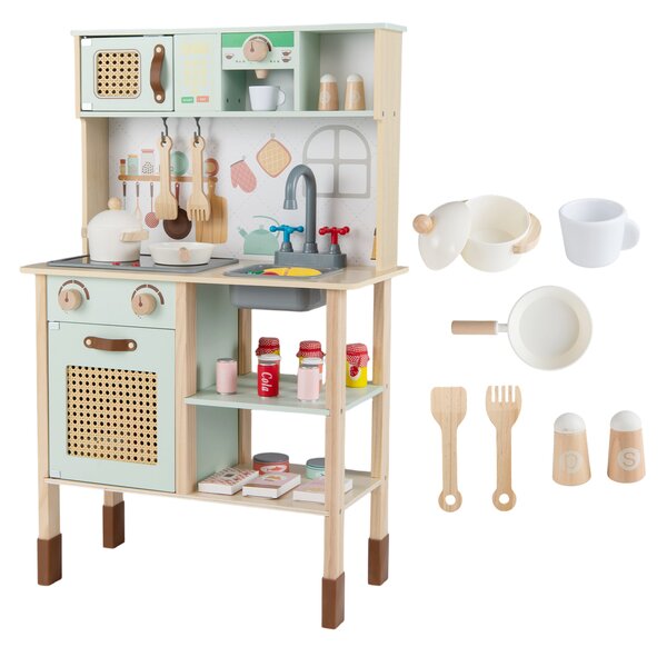 Costway Cucina da gioco in legno per bambini con luci e suoni, Set cucina giocattolo con accessori forno lavandino acqua macchina da caffè 3+ anni Verde