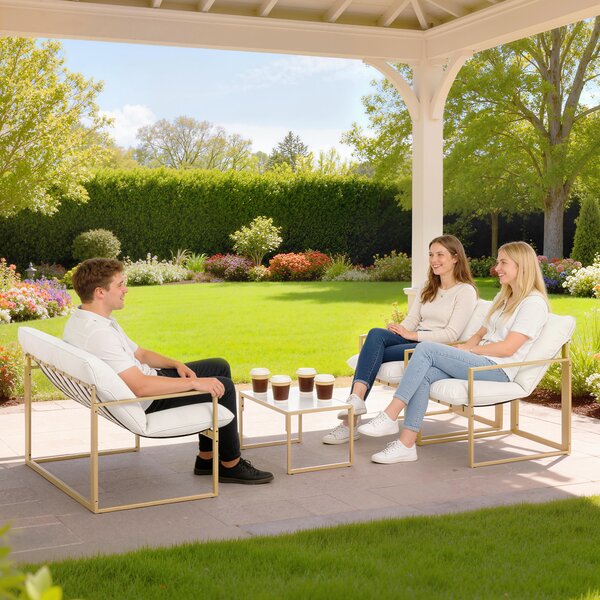 Outsunny Set da giardino 4 pezzi, lounge esterna con tavolo in vetro temperato, divano, 2 poltrone, Bianco | Aosom Italy