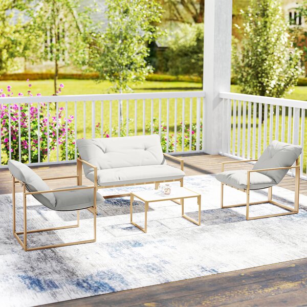Outsunny Set da giardino 4 pezzi, lounge esterna con tavolo in vetro temperato, divano, 2 poltrone, Bianco | Aosom Italy