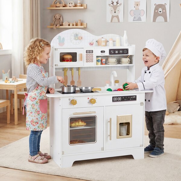 Costway Set cucina per bambini in legno con 17 accessori e fornello realistico, Cucina giocattolo per bambini 3+ anni Bianco