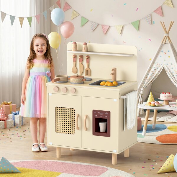 Costway Cucina giocattolo per bambini in legno con ghiacciaio e fornello realistici, Set cucinetta con lavello acqua e spazio di stoccaggio per 3+ anni Giallo