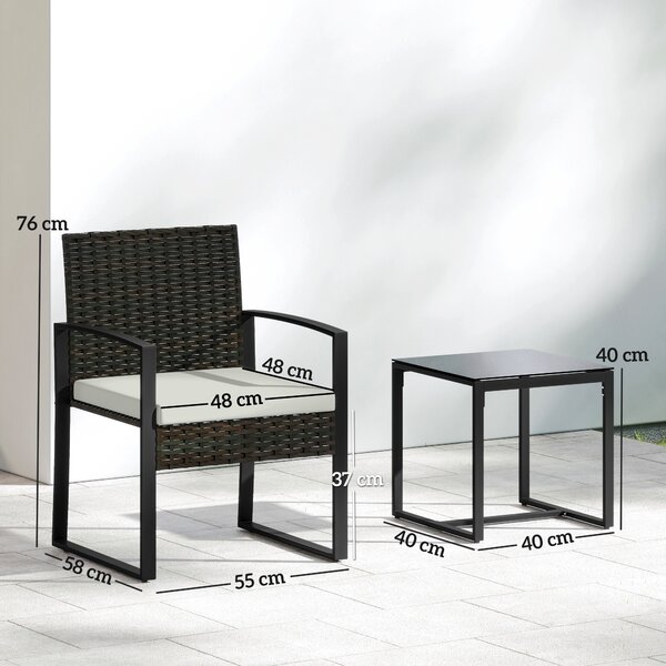 Outsunny Set bistrò in rattan, set da giardino 3 pezzi con 2 sedie da giardino, tavolino, cuscini sfoderabili, bianco crema | Aosom Italy