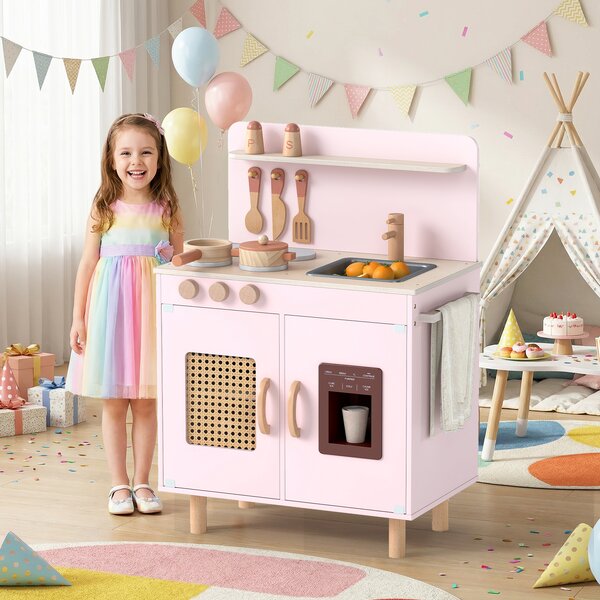 Costway Cucina giocattolo per bambini in legno con ghiacciaio e fornello realistici, Set cucinetta con lavello acqua e spazio di stoccaggio per 3+ anni Rosa