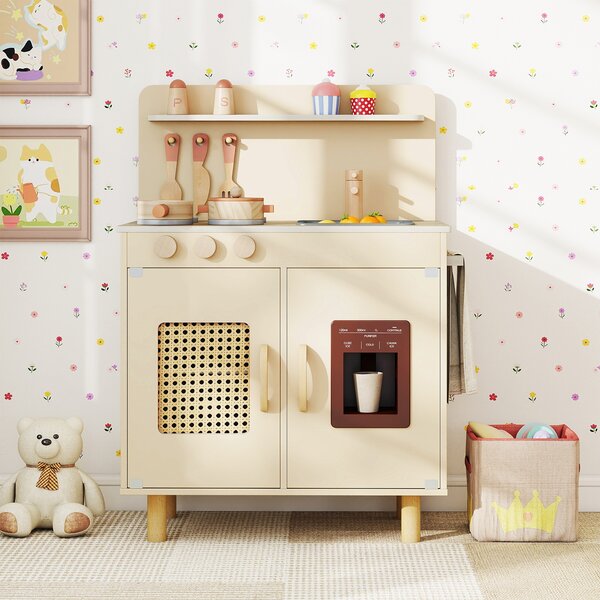Costway Cucina giocattolo per bambini in legno con ghiacciaio e fornello realistici, Set cucinetta con lavello acqua e spazio di stoccaggio per 3+ anni Giallo