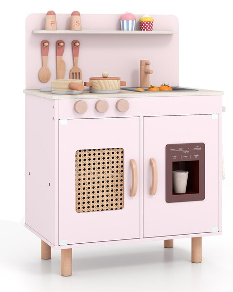 Costway Cucina giocattolo per bambini in legno con ghiacciaio e fornello realistici, Set cucinetta con lavello acqua e spazio di stoccaggio per 3+ anni Rosa
