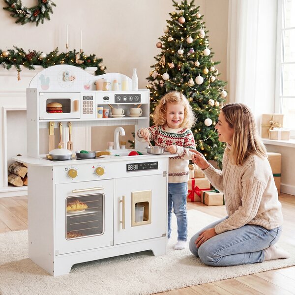 Costway Set cucina per bambini in legno con 17 accessori e fornello realistico, Cucina giocattolo per bambini 3+ anni Bianco