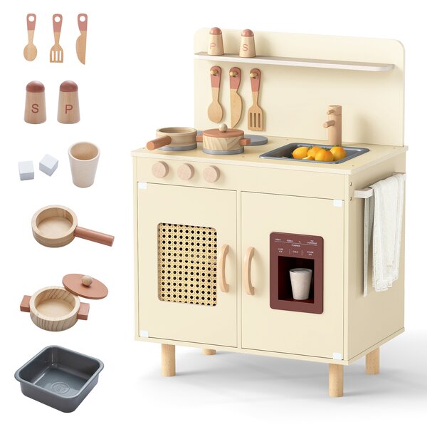 Costway Cucina giocattolo per bambini in legno con ghiacciaio e fornello realistici, Set cucinetta con lavello acqua e spazio di stoccaggio per 3+ anni Giallo
