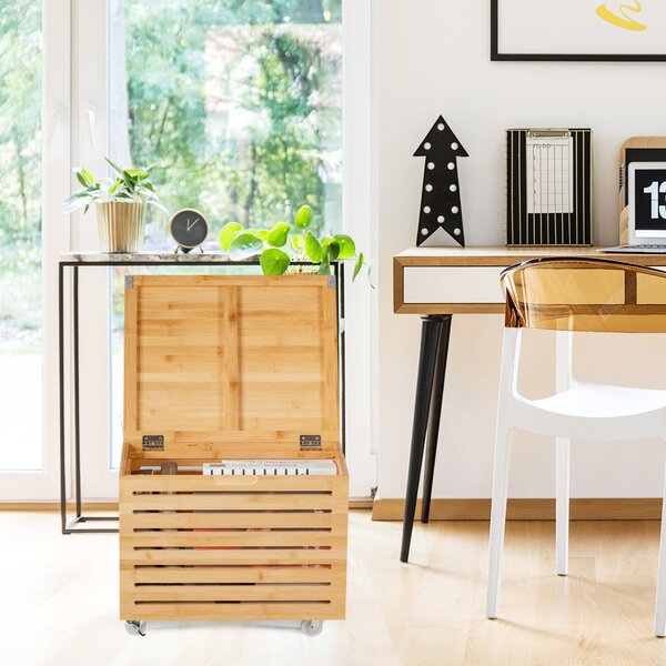 Costway Contenitore per archiviazione in bambù con ruote e coperchio, Cassapanca organizer per documenti giocattoli e coperte adatto per casa e ufficio