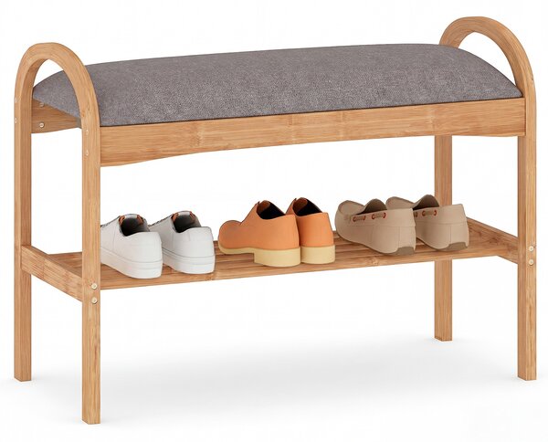 Costway Panca porta scarpe in bambù a 2 livelli con cuscino imbottito e ripiano, Organizzatore compatto per ingresso 70x31,5x51 cm